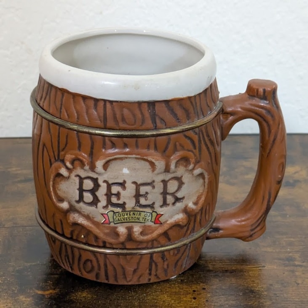 VTG Beer Mug Souvenir Galveston Texas‎ Barrel Design Ceramic Handle Kitsch Japan